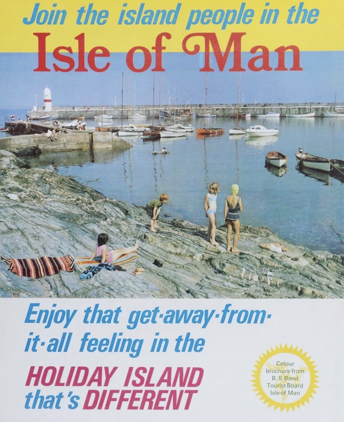 1970s holiday poster showing Port St Mary inner harbour - not much has changed!