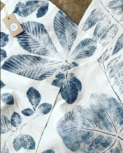 Selection of 100% cotton tote bags hand printed with fig, ash or maple leaves £10 each