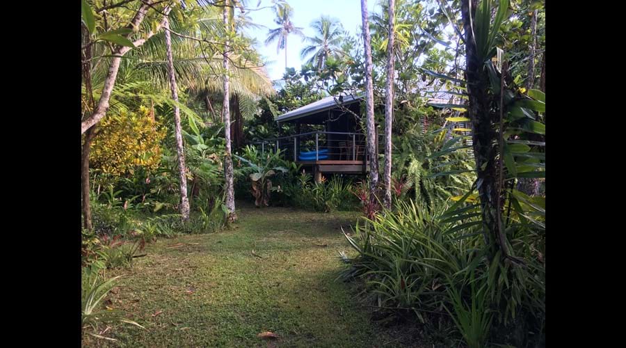 View of the private deck of the Lilypond Bure, from the garden