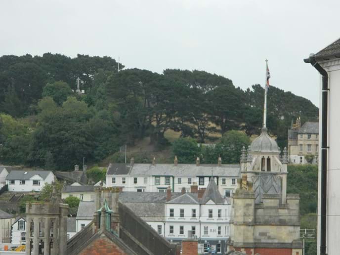 Looking down Bridge Street, over the Town Hall to the Monument at Chudleigh Fort
