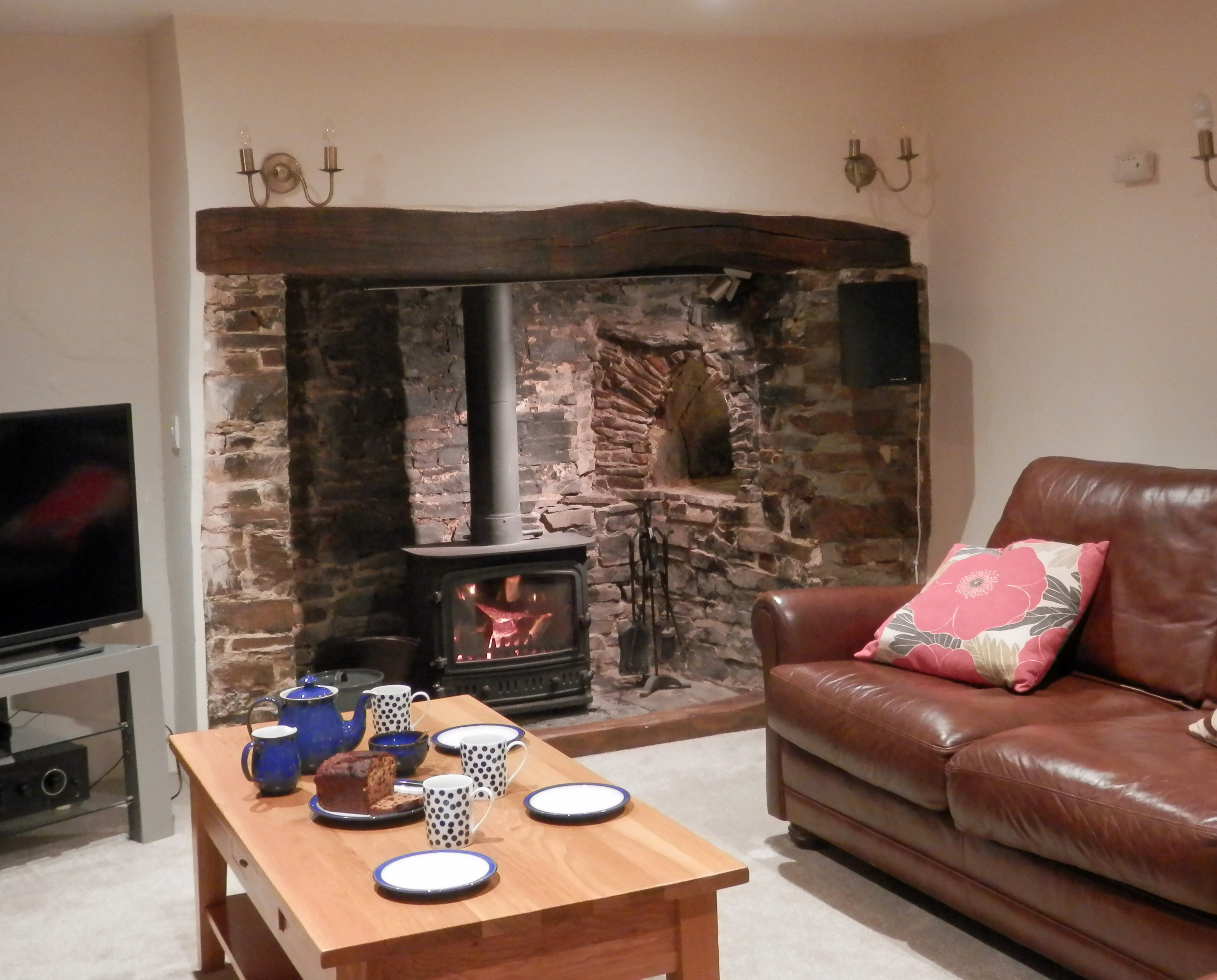 The stove burning in the small lounge