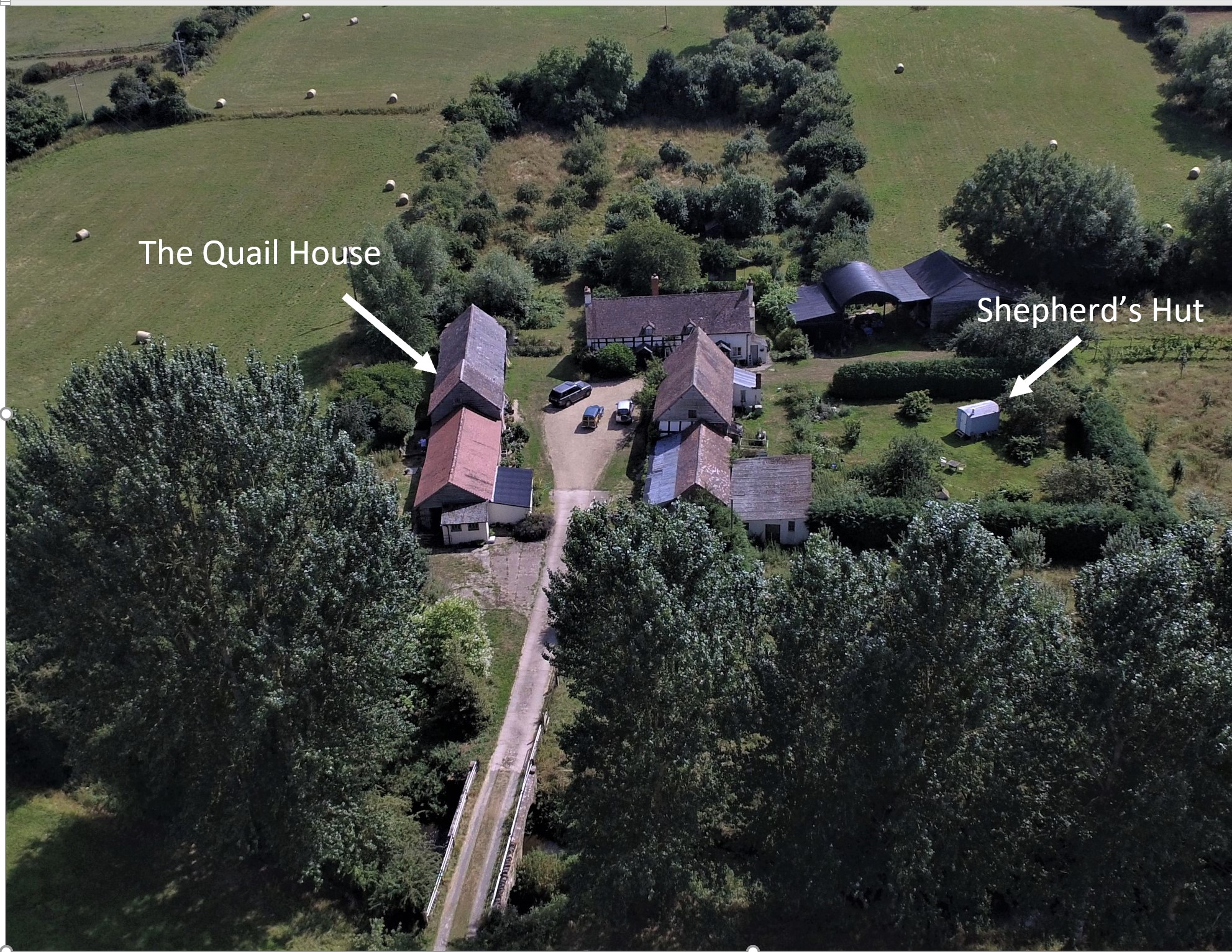 Arial View of the Quail House & Shpherd's Hut