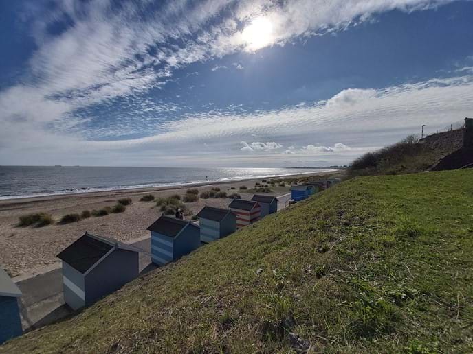 Cliff top view over huts and beach, 1 minute walk from Avocet and Sanderlings