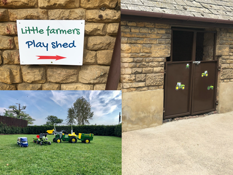 Children’s play shed at Moo Cow Cottage, Ride on tractors all sizes available.
