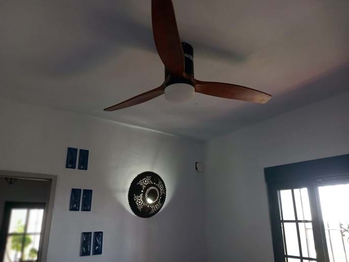 Downstairs Double Bedroom with Large, Quiet Ceiling Fan at Casa Vista Castillo in Arcos de la Frontera Photo