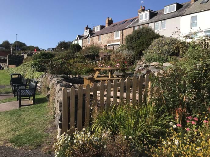 View of the cottage from the iconic Craster harbour gardens 
