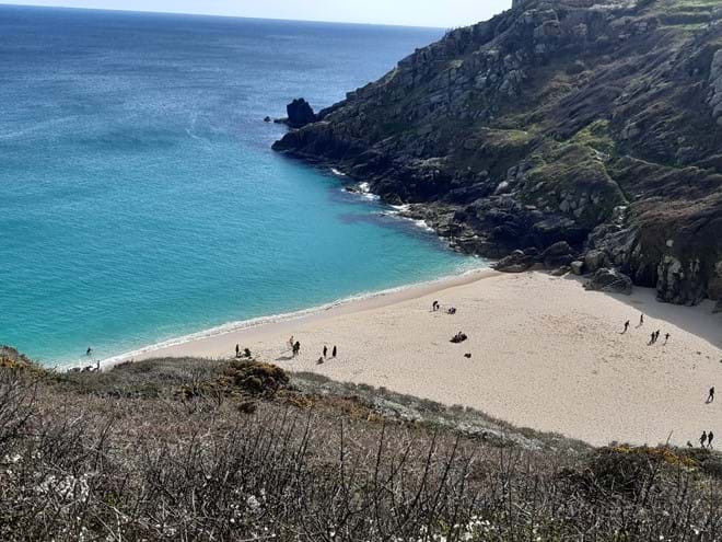 Looking down on Porthcurno Beach