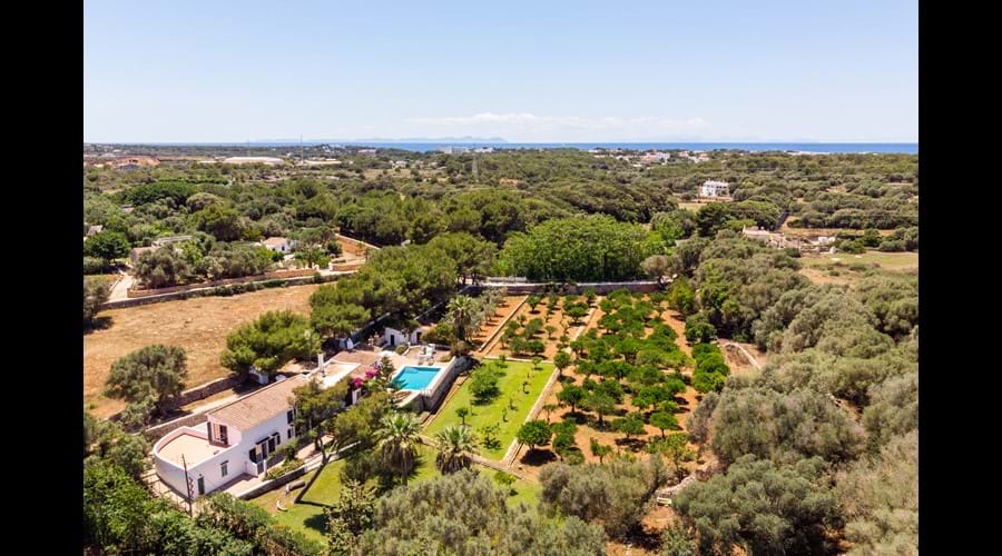 Aerial of villa with backdrop of Mallorca