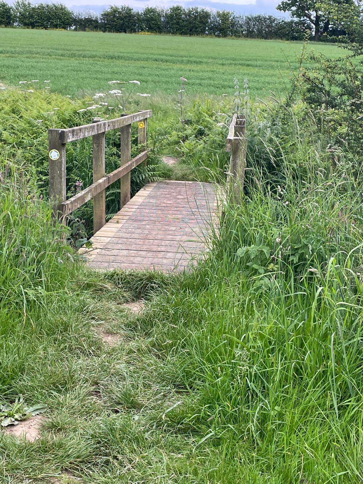 Follow public footpath signs over bridge