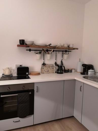 The kitchen has ample preparation space, fridge , freezer box , oven and two ring hob. 