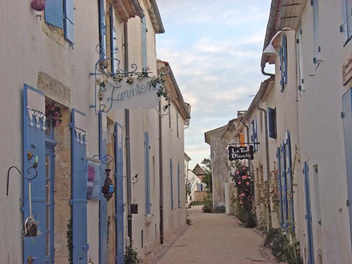 One of the many picturesque streets in nearby Talmont sur Gironde as the sun starts to set