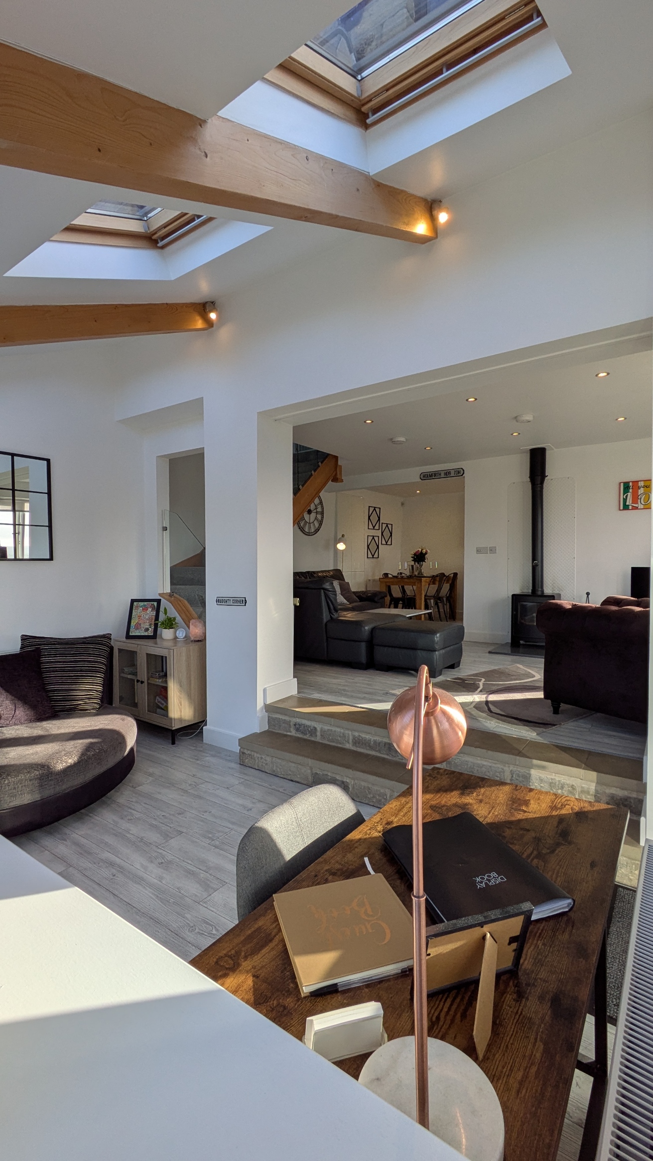 Open plan lower living area workspace