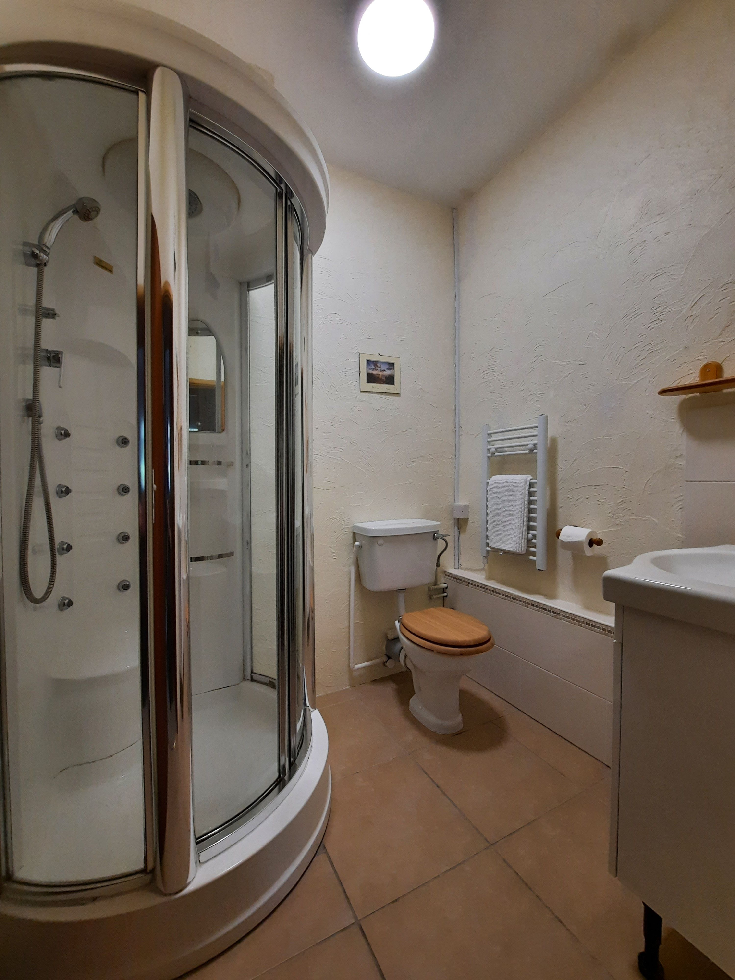 Shower cubicle, toilet and basin.