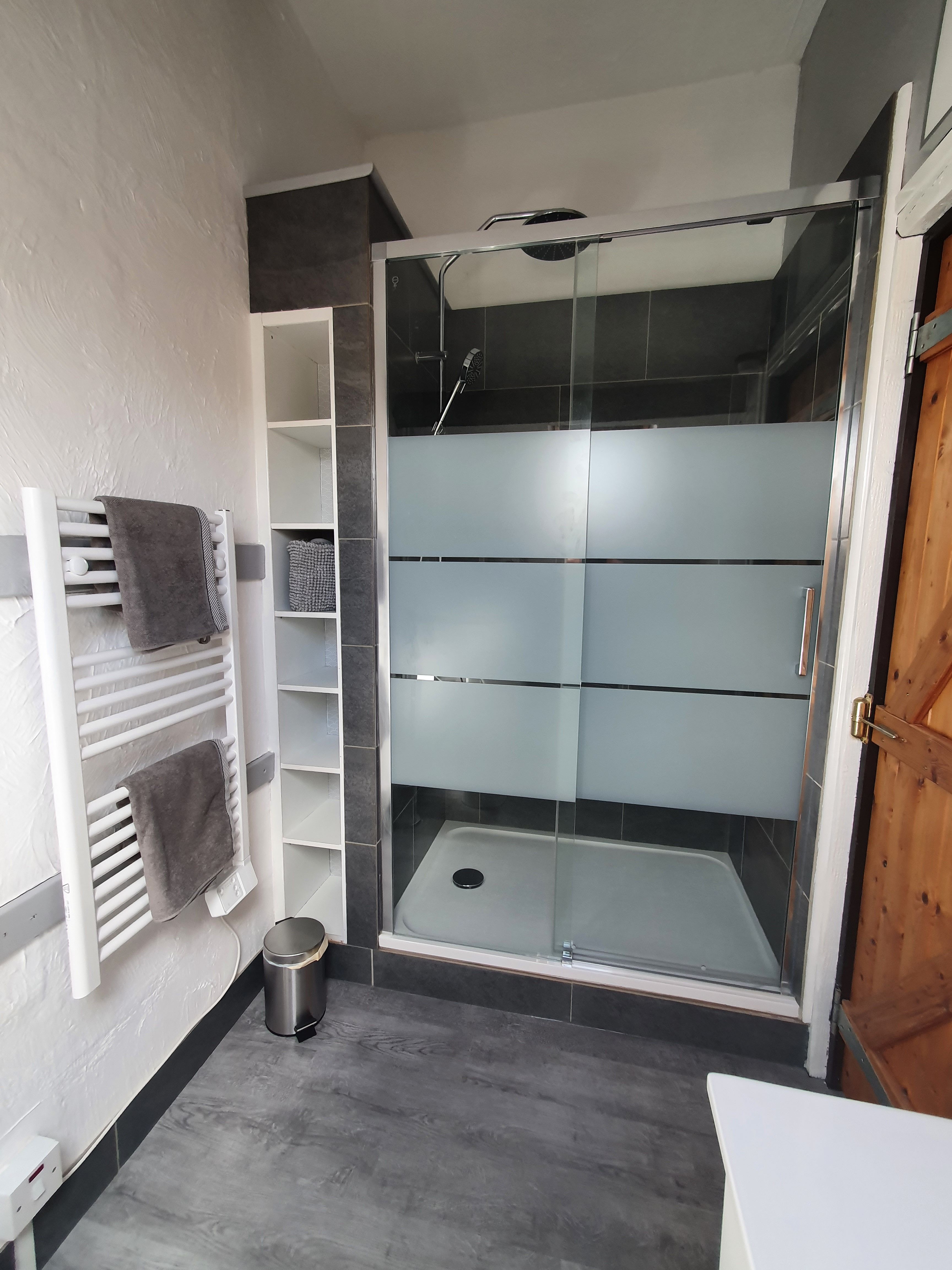 Bathroom with large walk-in double shower