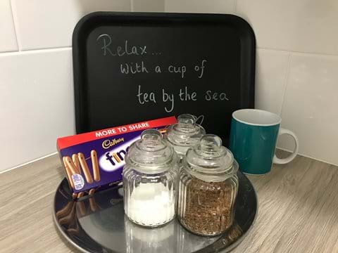 Tea, coffee, milk and biscuits on arrival