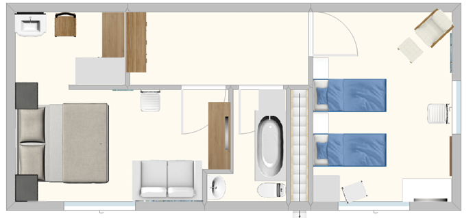 Upstairs plan -bedroom 1 with dressing room, bathroom off landing and bedroom 2
