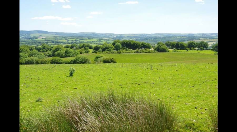 View back over Rhoslwyn and Cambrian Mountains beyond from ridgeway footpath